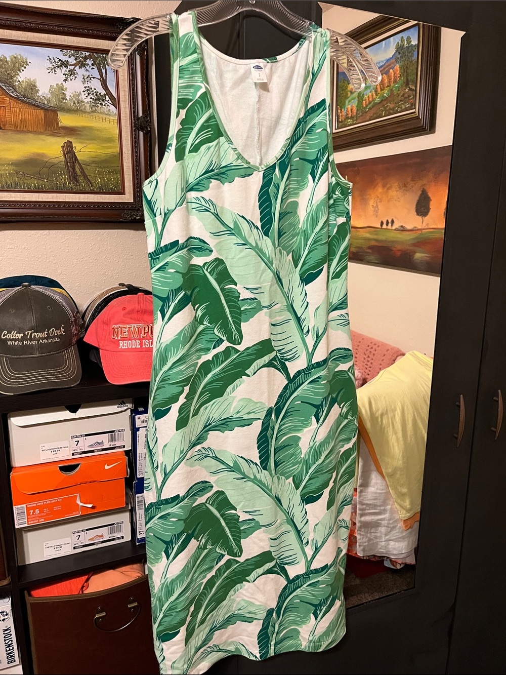 Old Navy White Midi Dress with Green Tropical Leaf Print